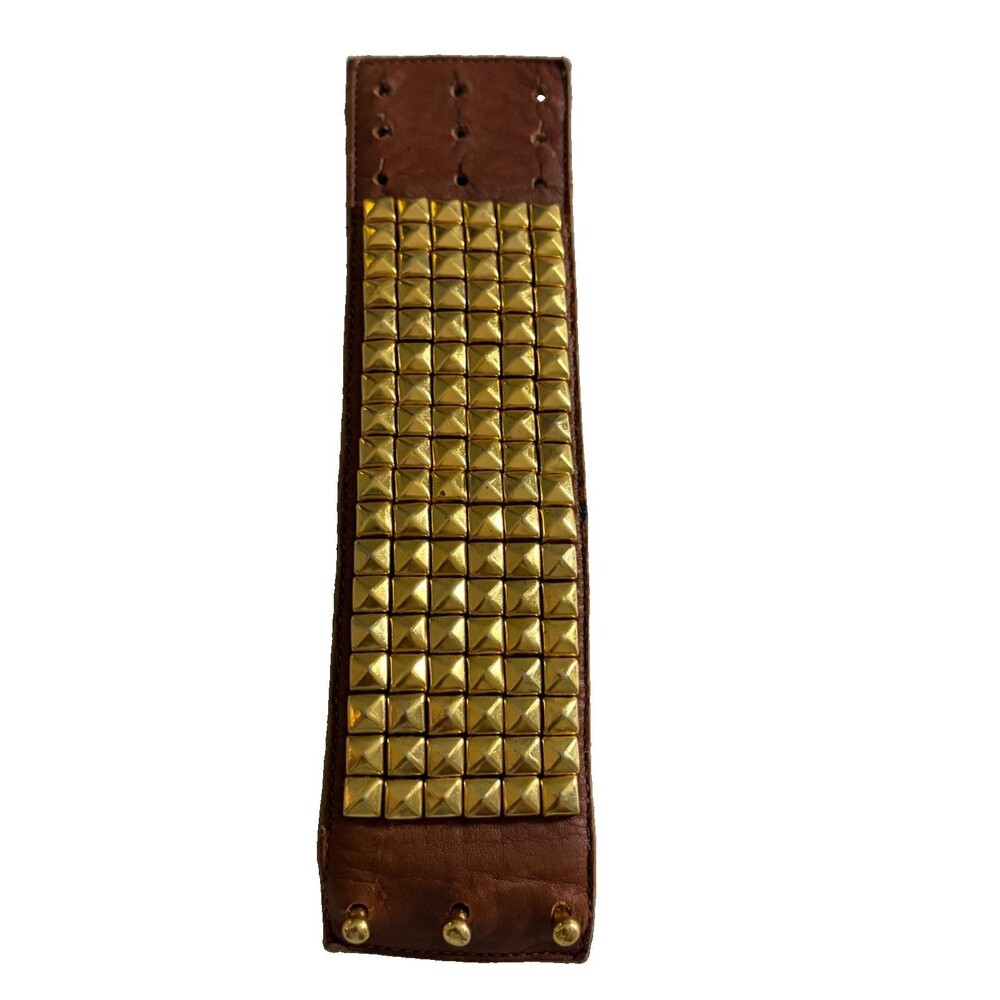 Wide Brown Leather Gold Pyramid Stud Cuff Bracelet Punk Rock Biker Statement